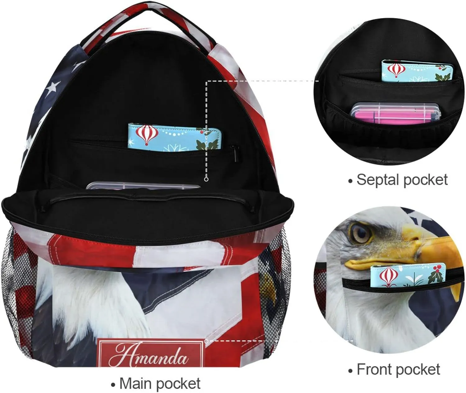 ALAZA Custom American Bald Eagle Backpack for Boys Girls Personalized Your Name Text Bookbag School Backpack USA Flag Kids Bookbag 3rd 4th 5th Grade Students Daypacks