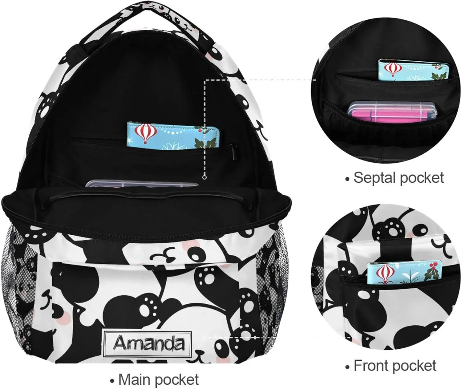ALAZA Custom Panda Backpack for Girls Personalized Your Name Text Bookbag School Backpacks for 3rd 4th 5th Grade Kids Book Bags Travel Laptop Daypack Shoulder Bag