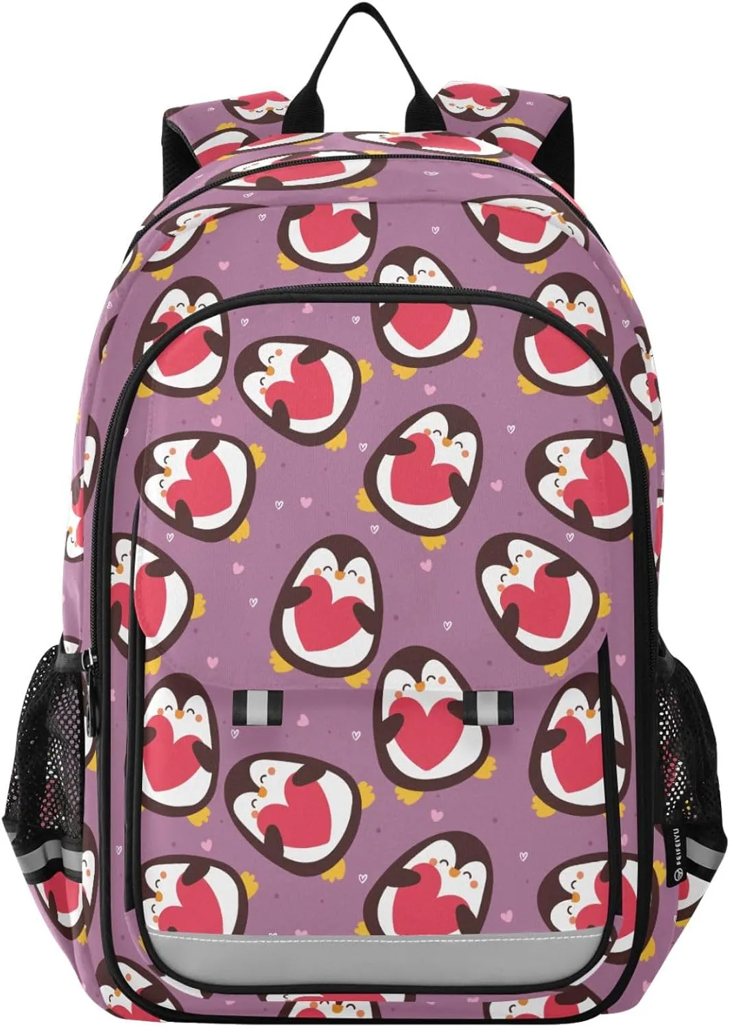 Aslsiy Kids Backpack Cartoon Penguin Holding Heart School Backpack for Boys Girls Purple Book Bags Daycare 17 Inch Laptop Bag
