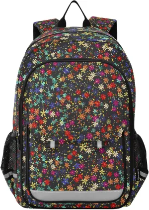 Aslsiy Kids Backpack Colorful Mini Flowers School Backpack for Boys Girls Dots Black Book Bags Daycare 17 Inch Laptop Bag