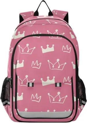 Aslsiy Kids Backpack Crowns Doodles White School Backpack for Boys Girls Pink Book Bags Daycare 17 Inch Laptop Bag