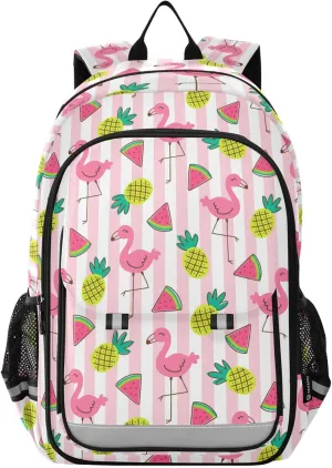Aslsiy Kids Backpack Flamingo Pineapple Watermelon School Backpack for Boys Girls Pink Srtipe Book Bags Daycare 17 Inch Laptop Bag
