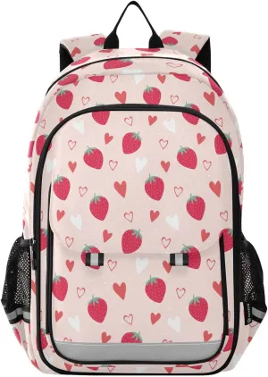 Aslsiy Kids Backpack Red Strawberry and Heart School Backpack for Boys Girls Pink Book Bags Daycare 17 Inch Laptop Bag