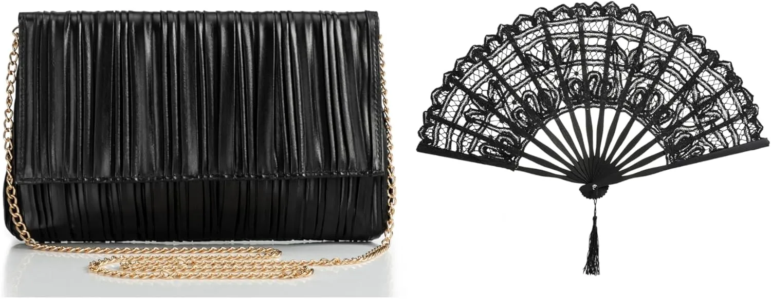 BABEYOND Clutch Purses for Women - Evening Bag Pleated Flap Clutch for Formal Party Cocktail Prom Wedding Handbags Cotton Lace Folding Handheld Fan Embroidered Bridal Hand Fan with Bamboo Staves
