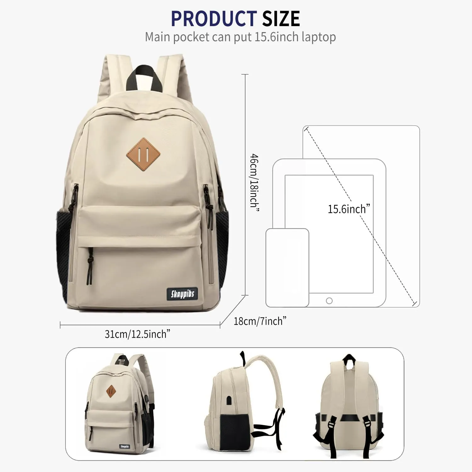 Backpack for School, Beige Backpack for Teen Boys Girls, Classic College Middle High School Backpack Lightweight School Bag for Women Men, Simple Daypack Bookbag, Mochilas Escolares para
