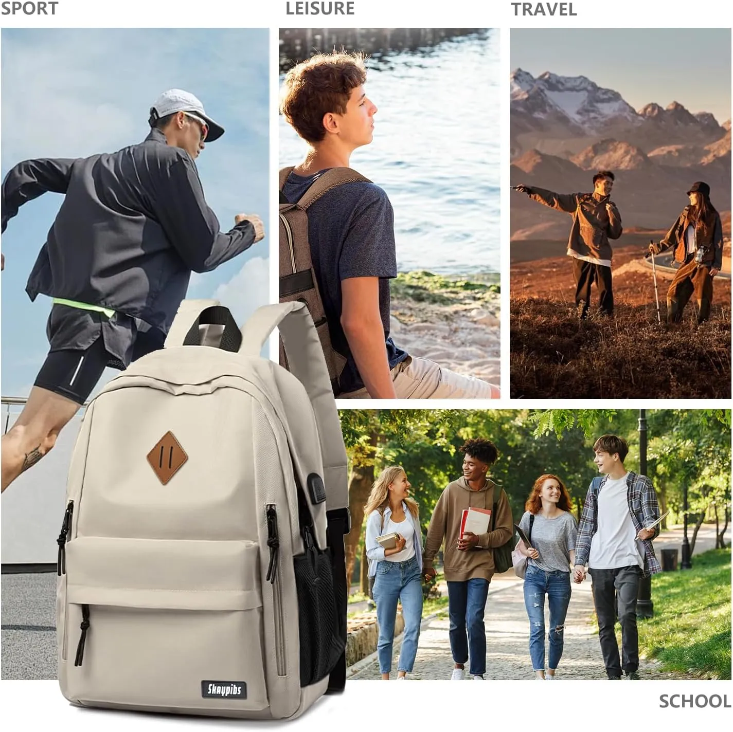 Backpack for School, Beige Backpack for Teen Boys Girls, Classic College Middle High School Backpack Lightweight School Bag for Women Men, Simple Daypack Bookbag, Mochilas Escolares para