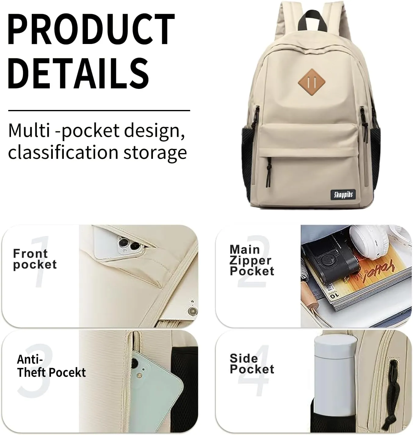 Backpack for School, Beige Backpack for Teen Boys Girls, Classic College Middle High School Backpack Lightweight School Bag for Women Men, Simple Daypack Bookbag, Mochilas Escolares para