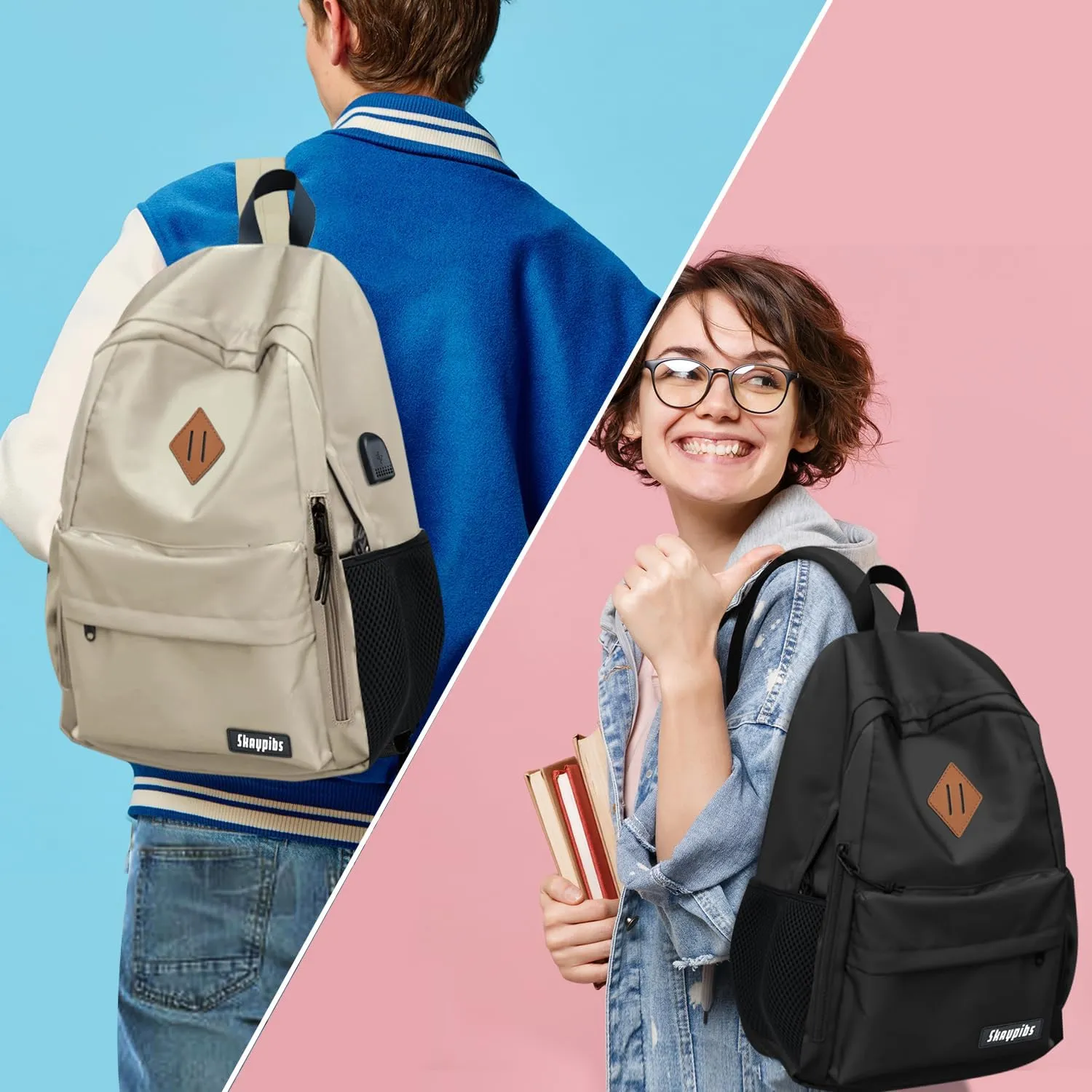 Backpack for School, Beige Backpack for Teen Boys Girls, Classic College Middle High School Backpack Lightweight School Bag for Women Men, Simple Daypack Bookbag, Mochilas Escolares para