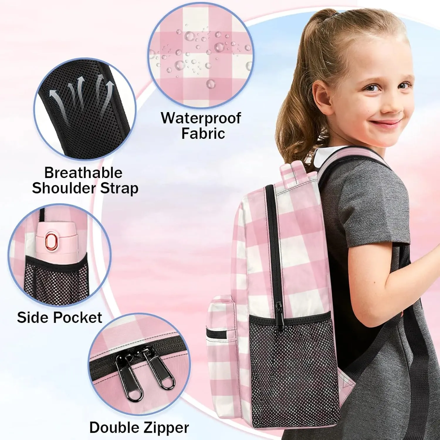 Backpack Pinks and White Checker Book Bags Laptop Backpacks Lightweight Multipurpose Daypack for Men Women Travel Hiking