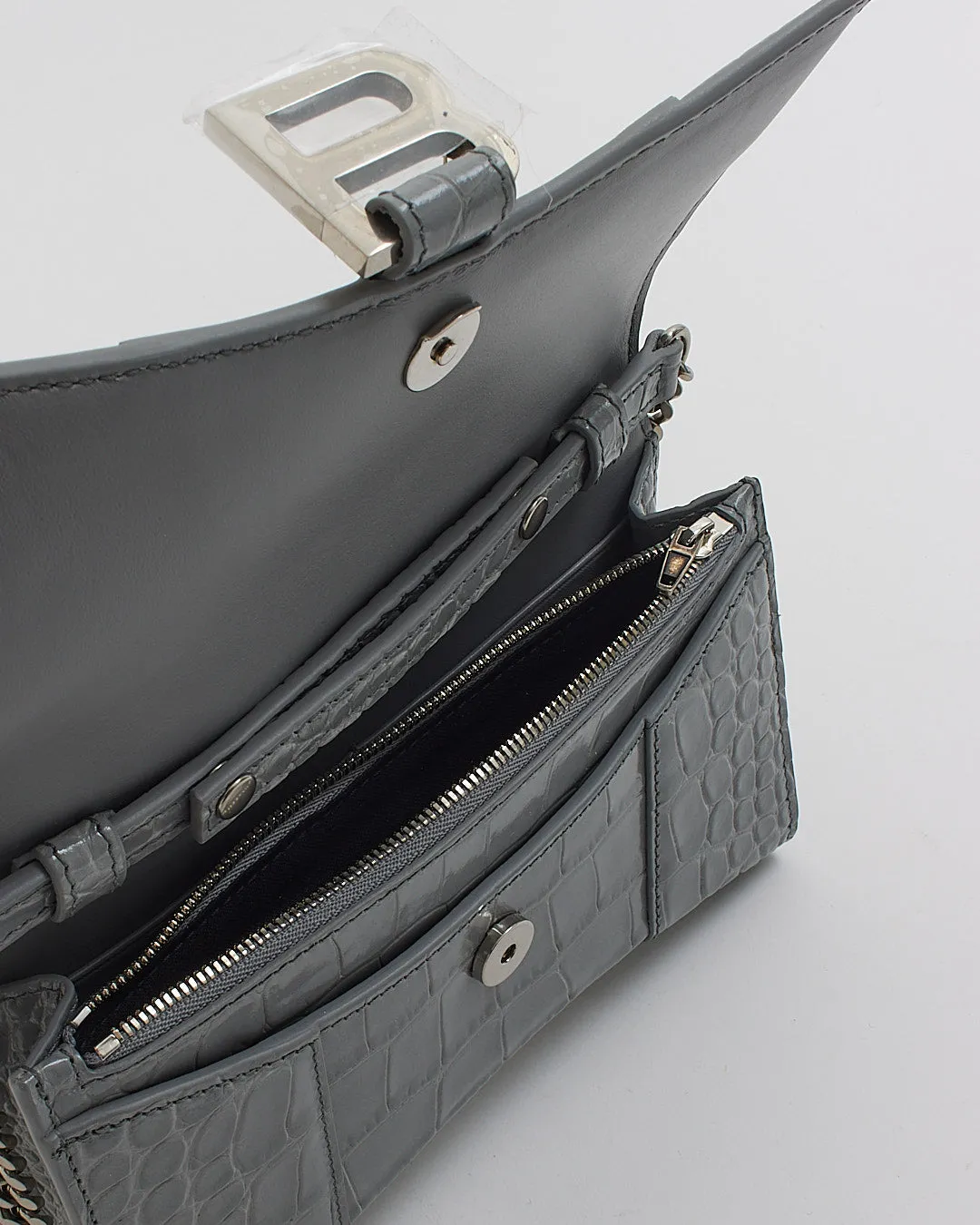 Balenciaga Grey Shiny Croc-Embossed Hourglass Wallet-on-Chain Handbag