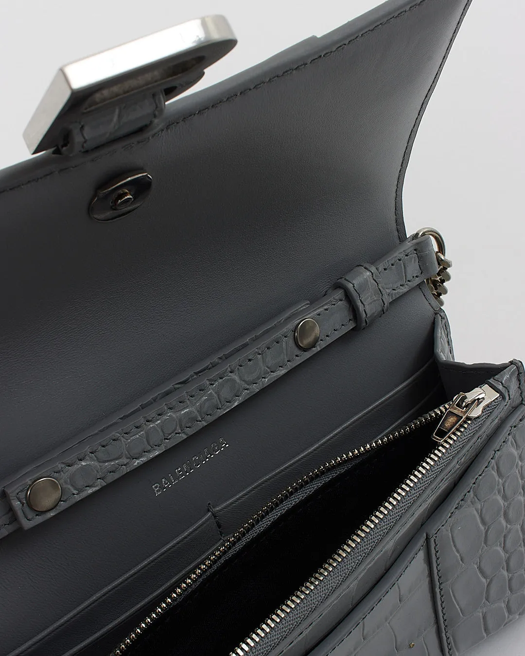 Balenciaga Grey Shiny Croc-Embossed Hourglass Wallet-on-Chain Handbag
