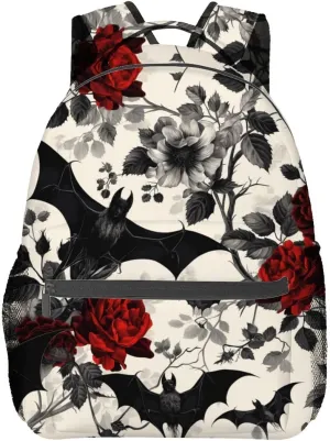 Bat and Rose Pattern Backpack Travel Backpacks Laptop Rucksack,School Bookbag for Women Kids Boys Girls,Gothic Floral Back Pack Accessories Bags,Ideal Gifts for Work, Outdoor Adventures