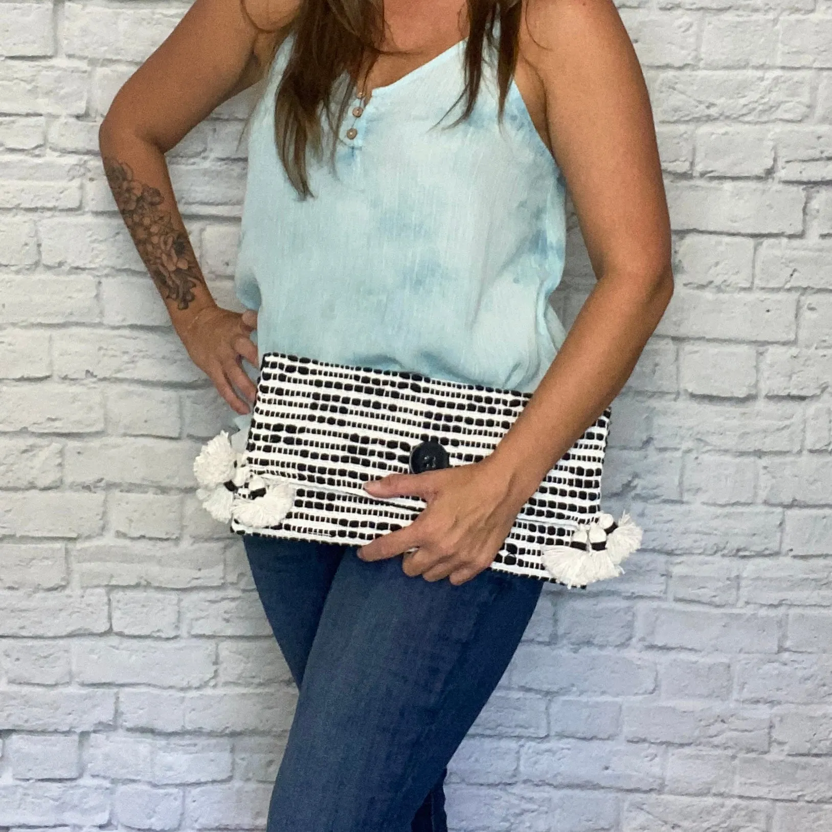 Black and White Woven Handmade Purse with Tassel