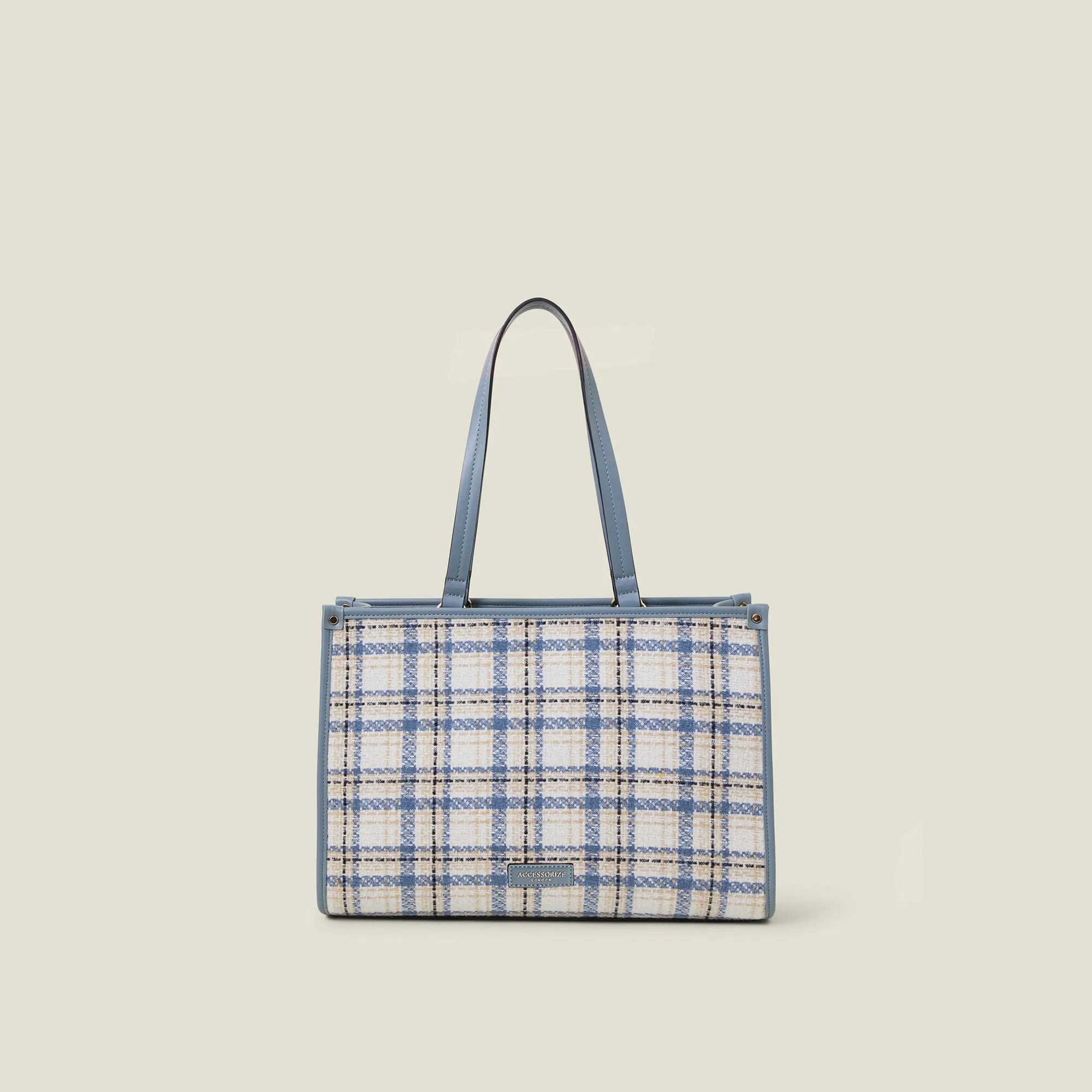 Blue Textile Check Tote Bag