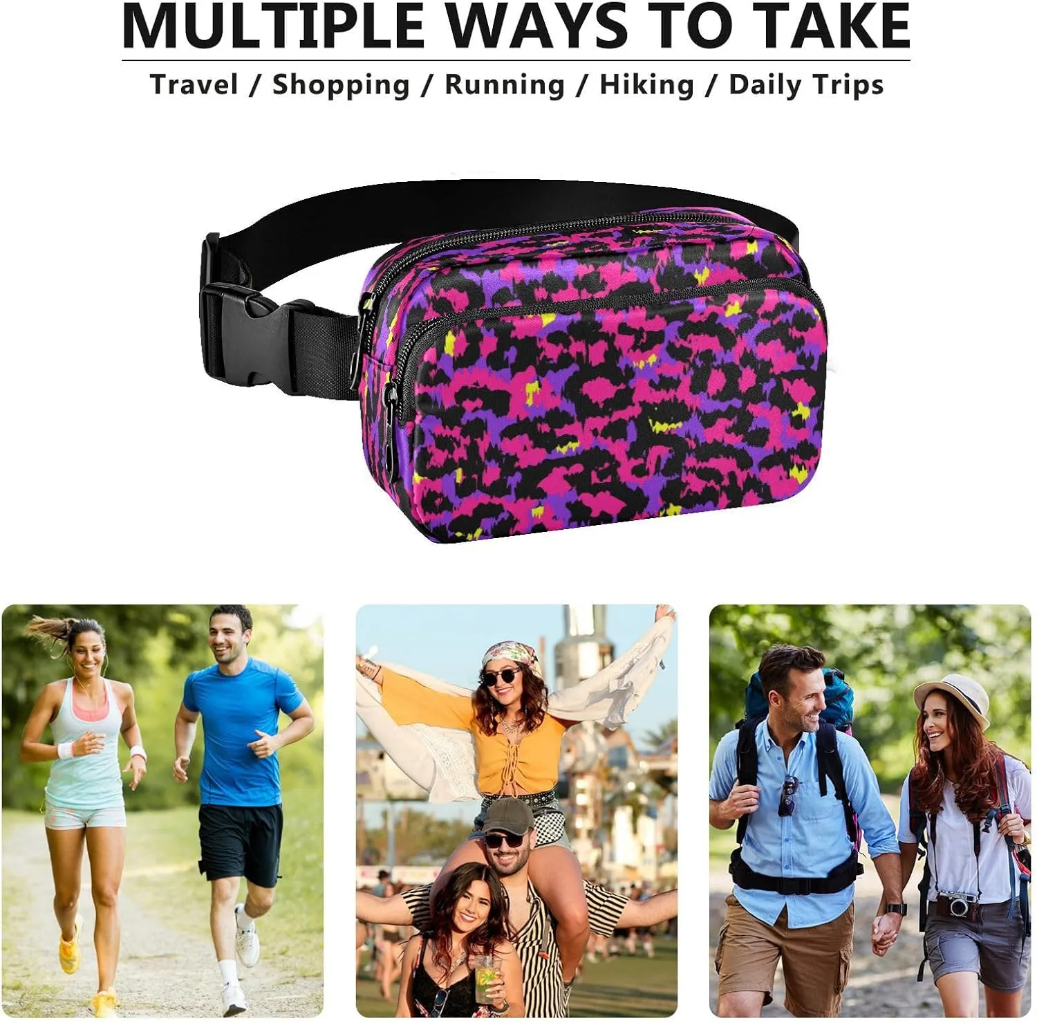 Boccsty 1980s Style Animal Print Leopard Belt Bag for Women Men Fanny Pack Small Waist Pouch Crossbody Bags for Outdoor Hiking Running Travel