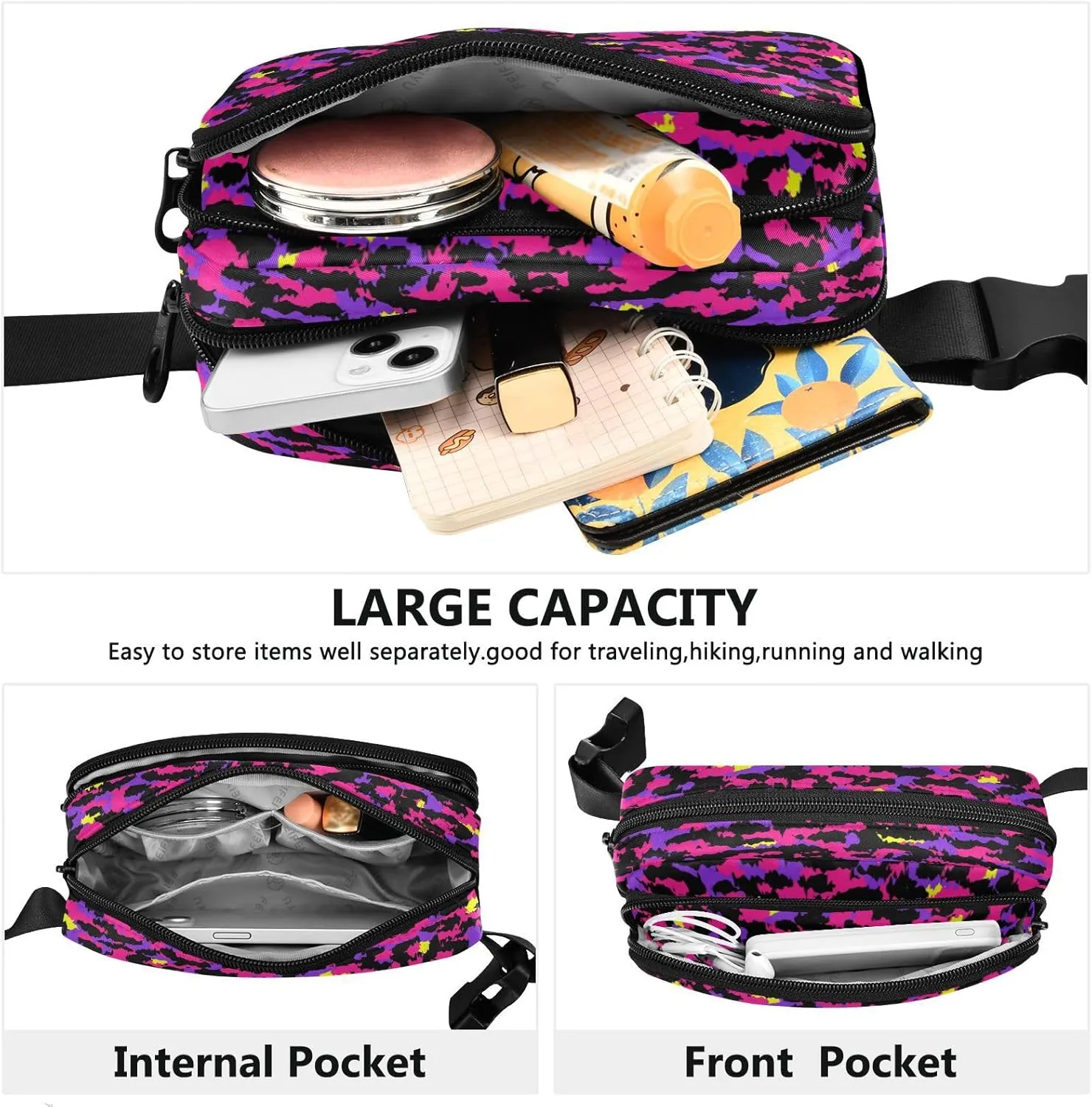 Boccsty 1980s Style Animal Print Leopard Belt Bag for Women Men Fanny Pack Small Waist Pouch Crossbody Bags for Outdoor Hiking Running Travel