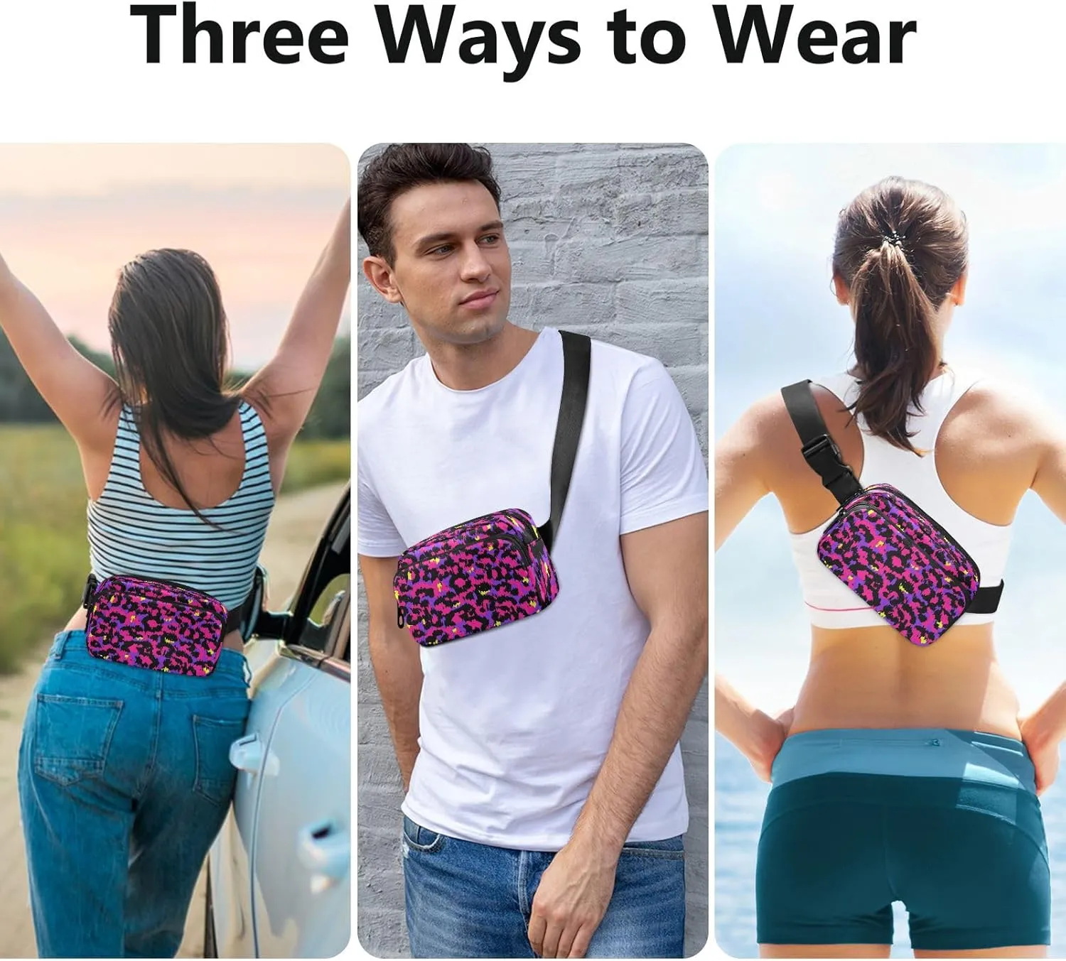 Boccsty 1980s Style Animal Print Leopard Belt Bag for Women Men Fanny Pack Small Waist Pouch Crossbody Bags for Outdoor Hiking Running Travel