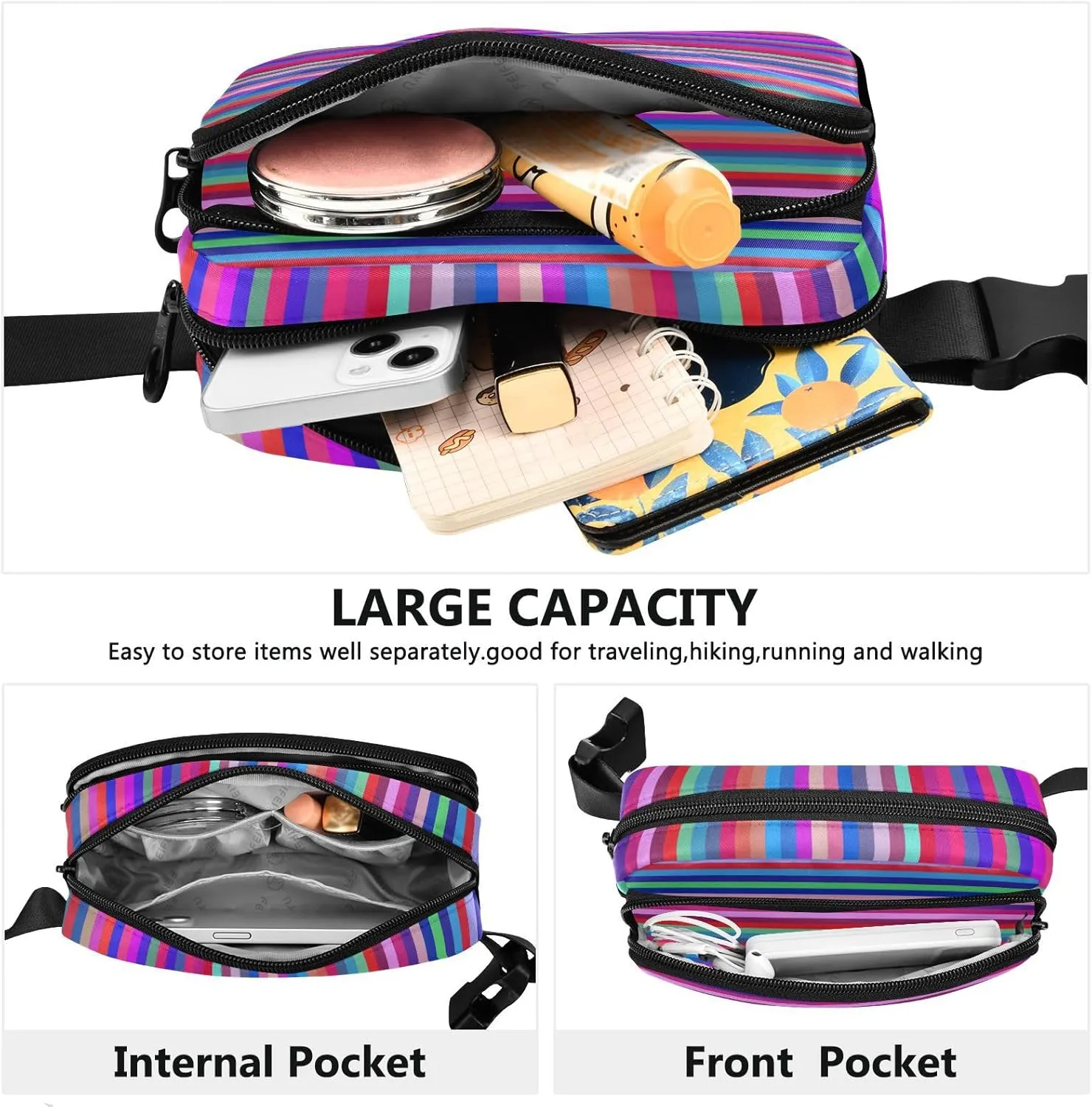 Boccsty 80s Retro Lines Stripe Belt Bag for Women Men Fanny Pack Small Waist Pouch Crossbody Bags for Outdoor Hiking Running Travel