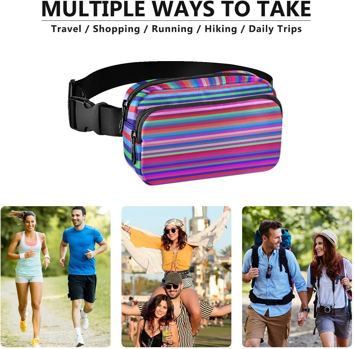 Boccsty 80s Retro Lines Stripe Belt Bag for Women Men Fanny Pack Small Waist Pouch Crossbody Bags for Outdoor Hiking Running Travel