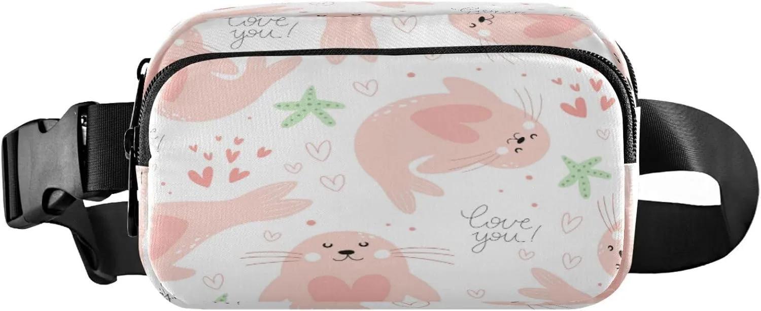 Boccsty Cartoon Seal Colorful Heart Belt Bag for Women Men Fanny Pack Small Waist Pouch Crossbody Bags for Outdoor Hiking Running Travel