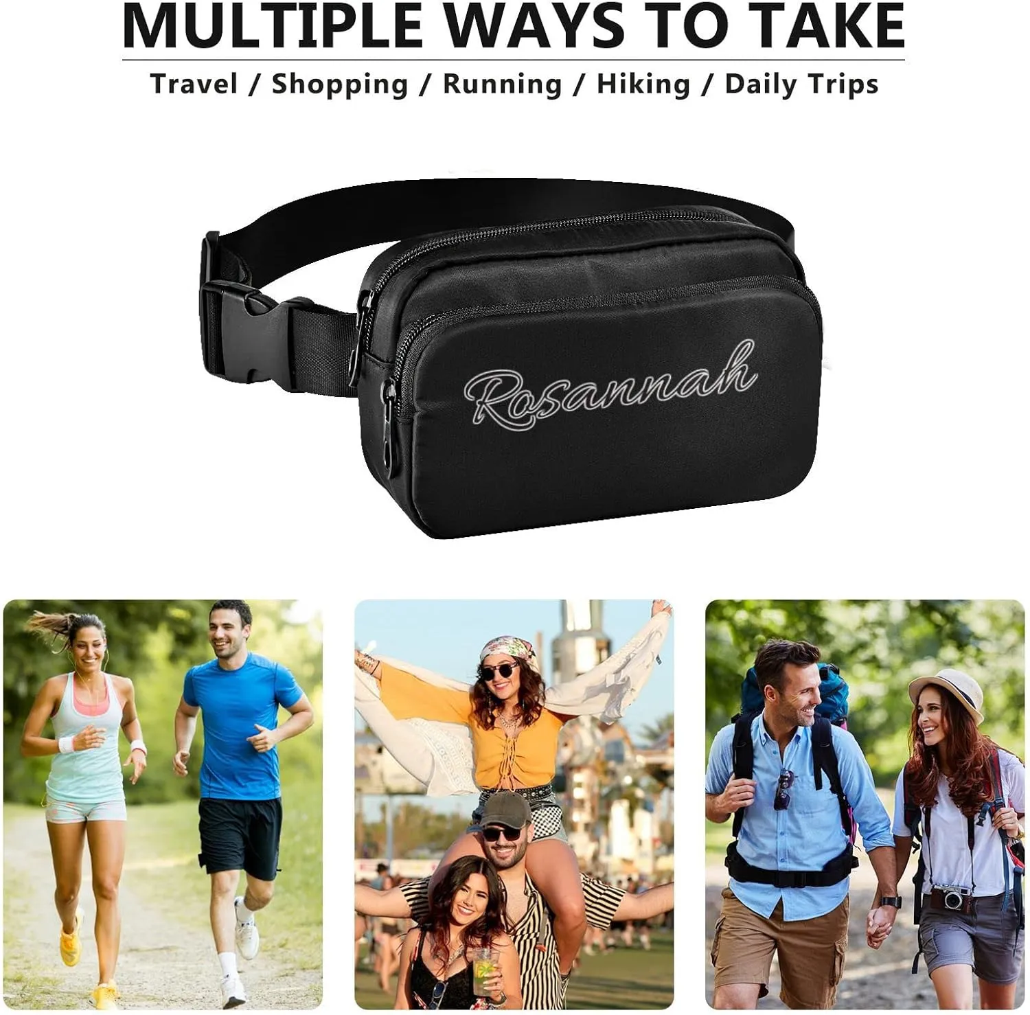 Boccsty Custom Black Belt Bag for Women Men Fanny Pack Small Waist Pouch Crossbody Bags for Outdoor Hiking Running Travel
