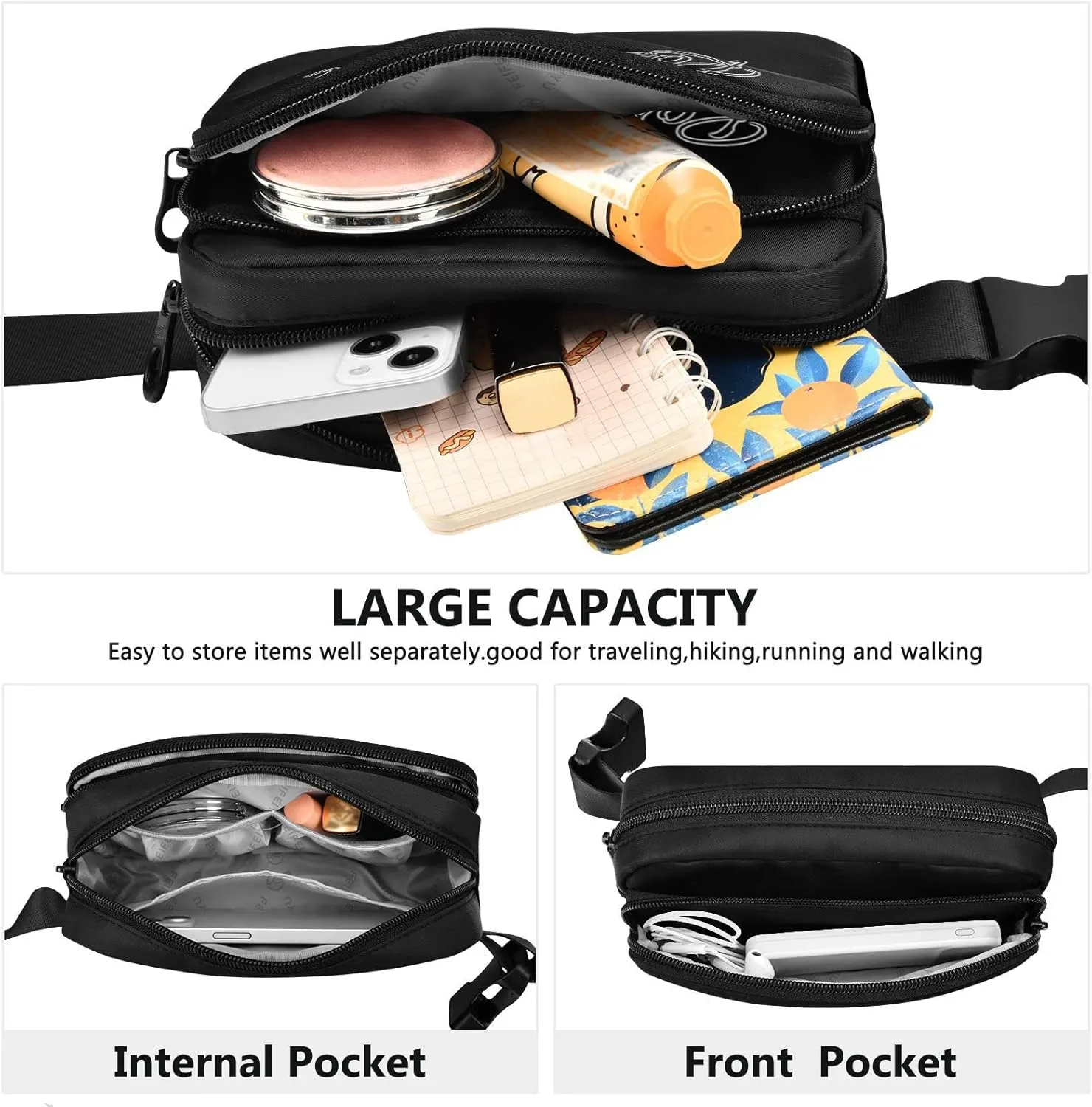 Boccsty Custom Black Belt Bag for Women Men Fanny Pack Small Waist Pouch Crossbody Bags for Outdoor Hiking Running Travel