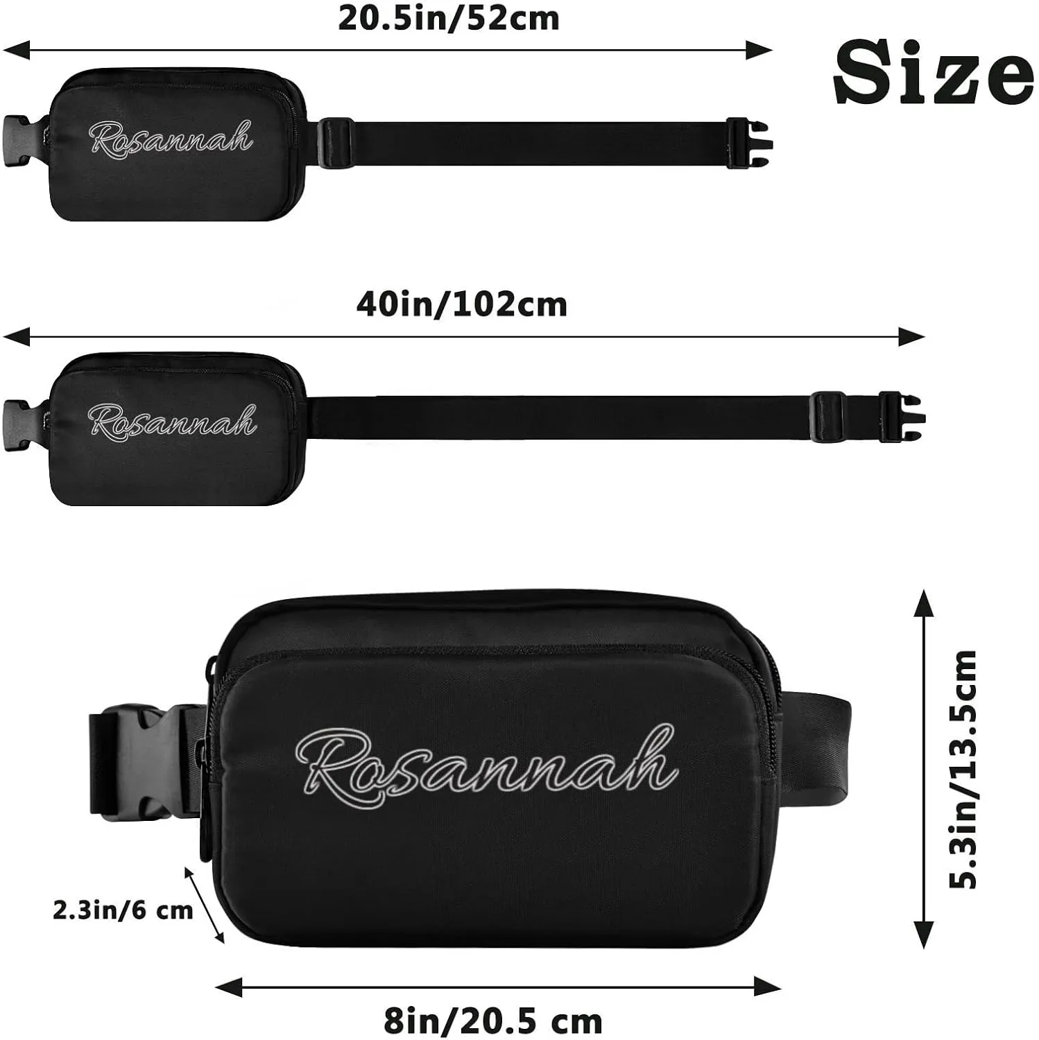 Boccsty Custom Black Belt Bag for Women Men Fanny Pack Small Waist Pouch Crossbody Bags for Outdoor Hiking Running Travel