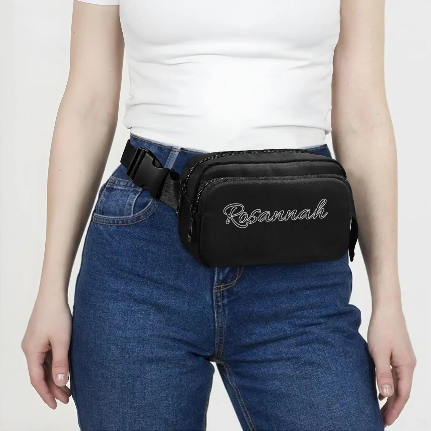 Boccsty Custom Black Belt Bag for Women Men Fanny Pack Small Waist Pouch Crossbody Bags for Outdoor Hiking Running Travel