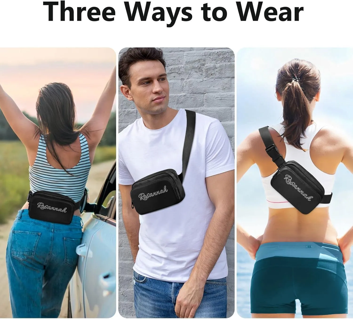 Boccsty Custom Black Belt Bag for Women Men Fanny Pack Small Waist Pouch Crossbody Bags for Outdoor Hiking Running Travel