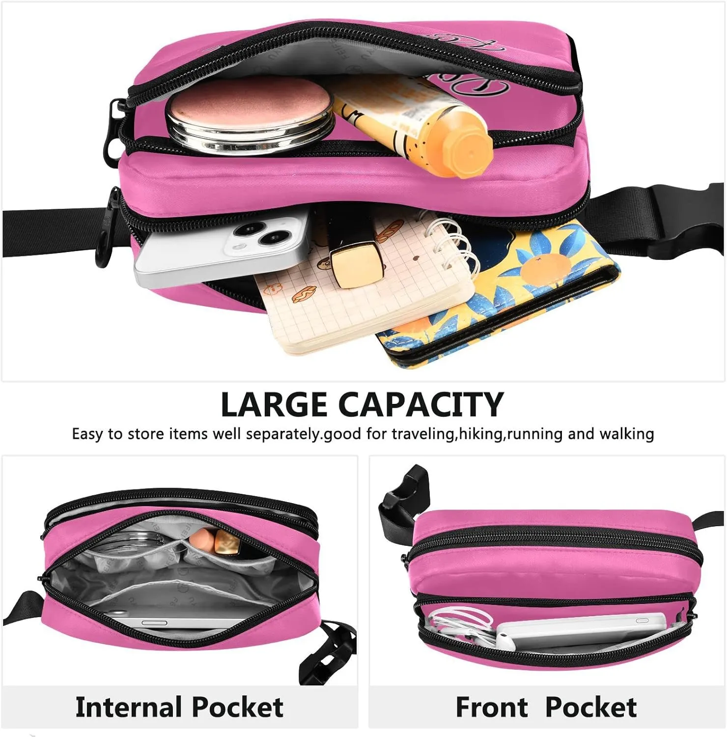 Boccsty Custom Hot Pink Belt Bag for Women Men Fanny Pack Small Waist Pouch Crossbody Bags for Outdoor Hiking Running Travel