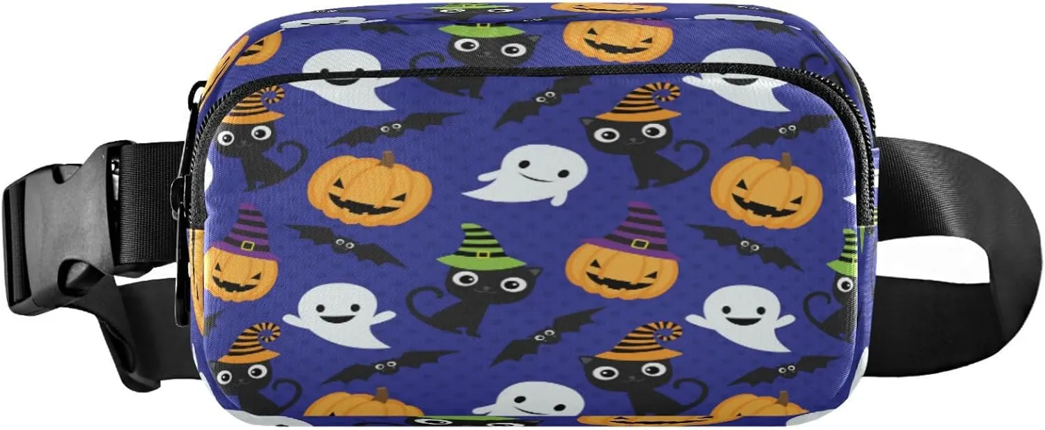 Boccsty Halloween Cats Ghosts Pumpkins Blue Belt Bag for Women Men Fanny Pack Small Waist Pouch Crossbody Bags for Outdoor Hiking Running Travel