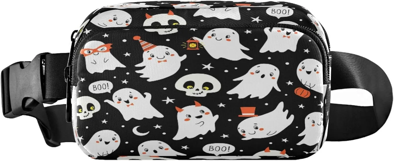 Boccsty Halloween Ghosts Skulls Black Belt Bag for Women Men Star Moon Fanny Pack Small Waist Pouch Crossbody Bags for Outdoor Hiking Running Travel