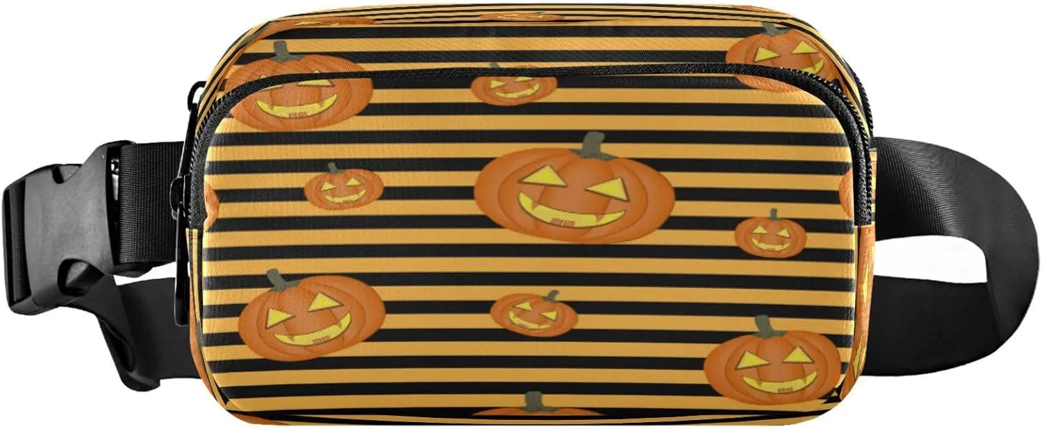 Boccsty Halloween Pumpkin Belt Bag for Women Men Orange Black Stripes Fanny Pack Small Waist Pouch Crossbody Bags for Outdoor Hiking Running Travel