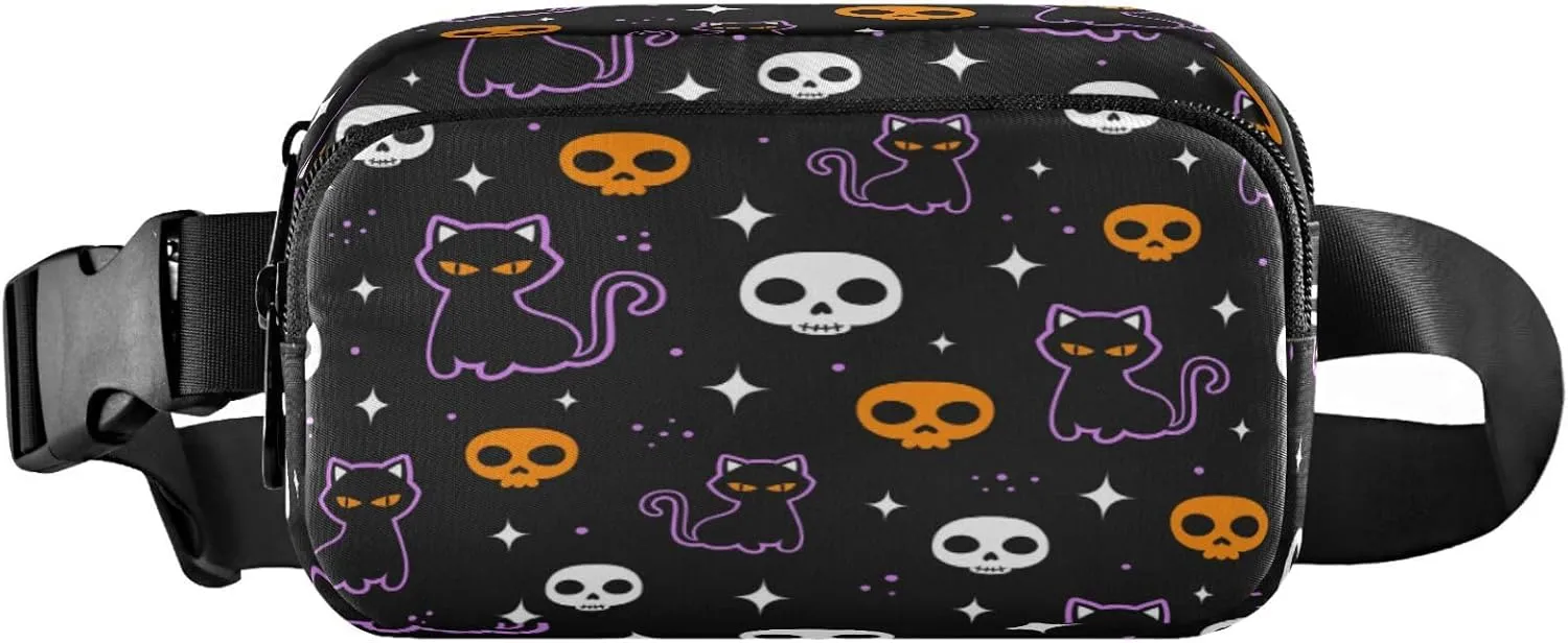 Boccsty Halloween Skulls Black Cat Belt Bag for Women Men Fanny Pack Small Waist Pouch Crossbody Bags for Outdoor Hiking Running Travel