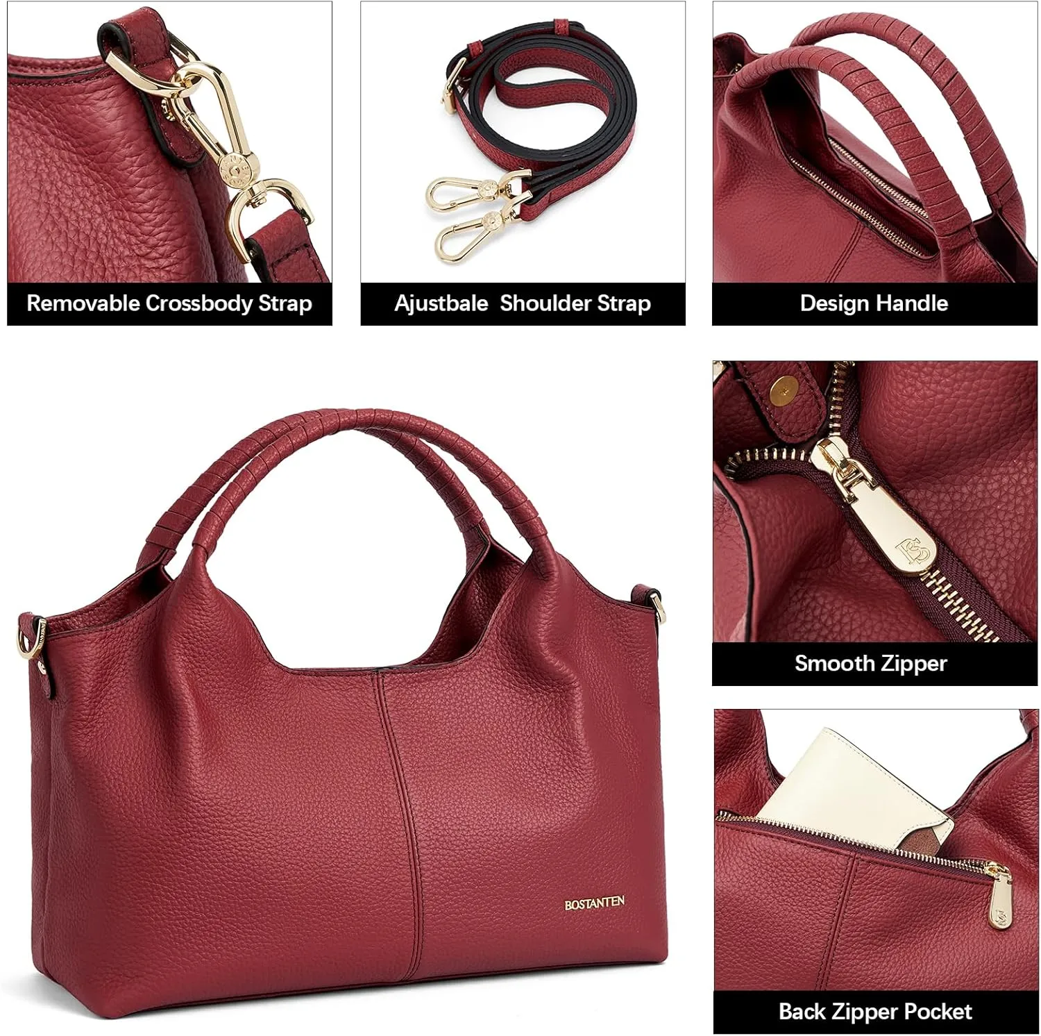 BOSTANTEN Genuine Leather Purses for Women Designer Handbags Crossbody Shoulder Bags Top Handle Satchel with Adjustable Strap