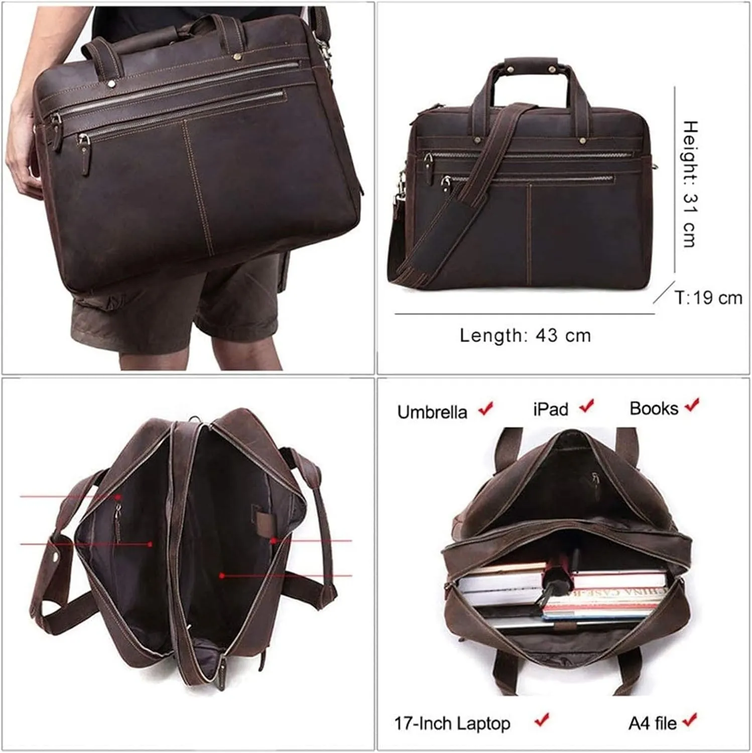 Briefcases Vintage Messenger Handbag, Vintage Leather Briefcase 17" Laptop Tote Large Capacity Messenger Bag