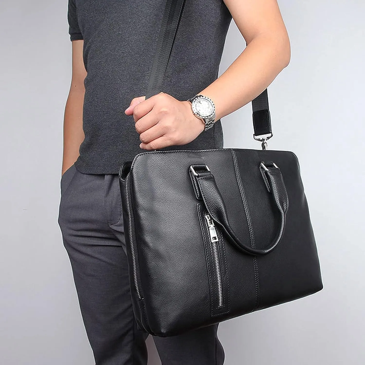 Business Travel Messenger Bags, Briefcases for Men, Shoulder Bags, Genuine Leather Briefcase, Computer Bags (Color : Black)