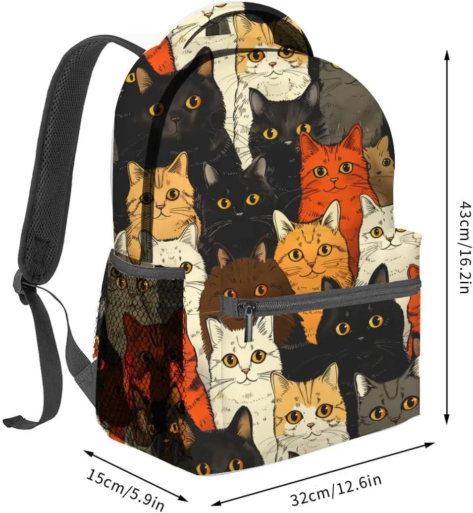 Colorful Cat Backpack, Cute Kitten Faces Polyester Dark Backpacks,Lightweight Double Shoulder Back Pack for Kids Teens,Cartoon Bookbag,School Bag Gifts,Casual Travel Daypack Book Packs