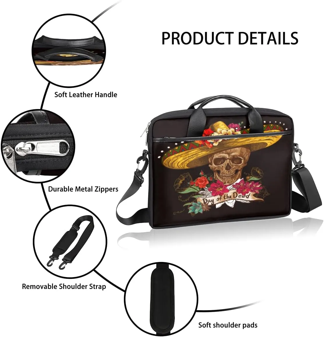 Colorful Sugar Skull Laptop Shoulder Messenger Bag Waterproof Laptop Briefcase with Handle and Padded Strap