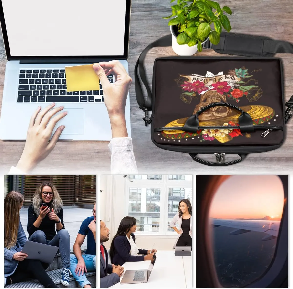 Colorful Sugar Skull Laptop Shoulder Messenger Bag Waterproof Laptop Briefcase with Handle and Padded Strap