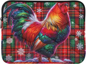 Computer Carrying Case Thin Computer Carrying Bag Rooster on Christmas Red Tartan Waterproof Briefcase Bag