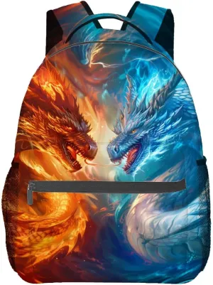 Cool Dragon Backpack, Fiery & Icy Dragons Clash Art Polyester Backpacks,Lightweight Double Shoulder Back Pack for Adult,Fantasy Bookbag,School Bag Gifts,Casual Travel Daypack Book Packs