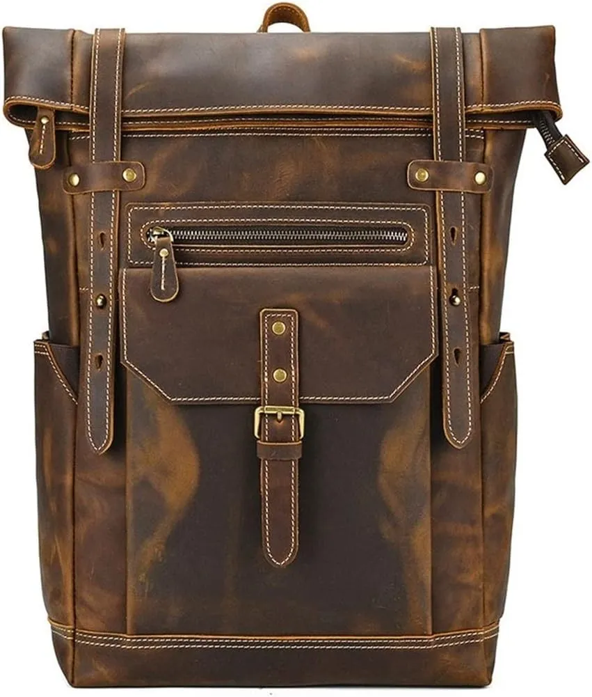 Cowhide Hiking Daypacks Casual Daypack Laptop Bags Mens Leather Backpacks Briefcases Bookbags Travel Bags (Brown)