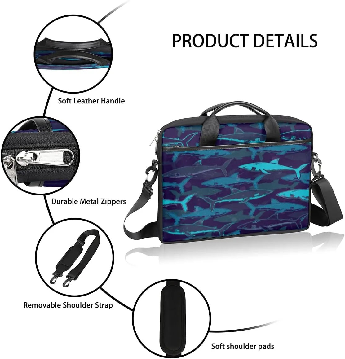 Creative Background Sharks Laptop Shoulder Messenger Bag Waterproof Laptop Briefcase Handle Padded Strap