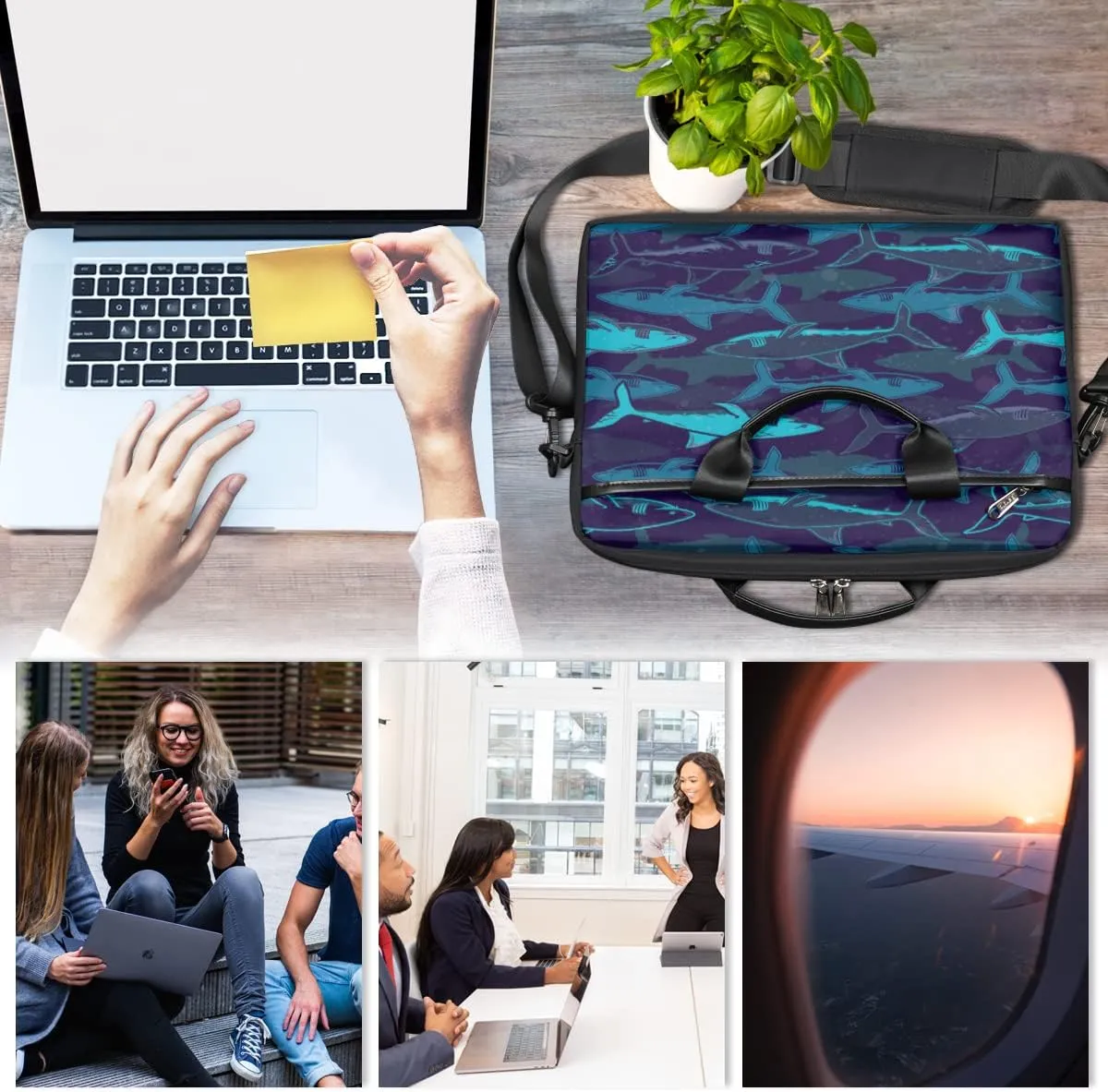 Creative Background Sharks Laptop Shoulder Messenger Bag Waterproof Laptop Briefcase Handle Padded Strap