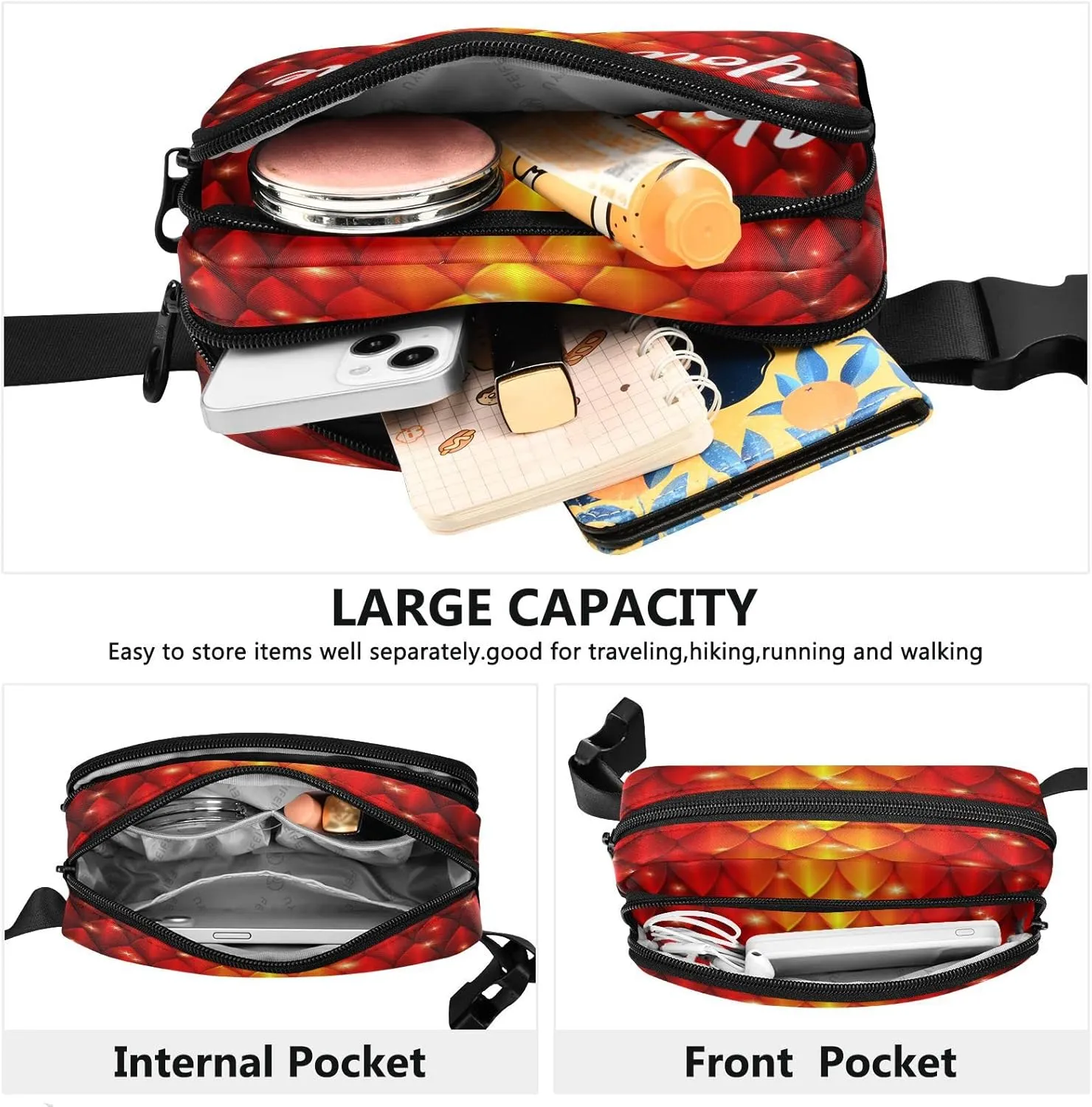 Custom Red Fire Dragon Skin Pattern Belt Bag for Women Men Fish Scales Texture Fanny Pack Small Waist Pouch Crossbody Bags for Outdoor Hiking Running Travel
