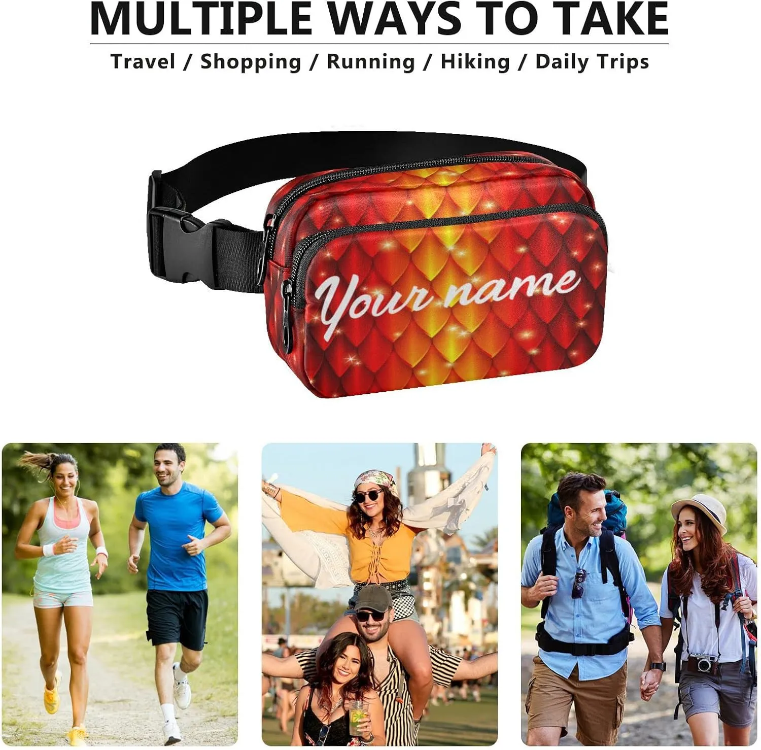 Custom Red Fire Dragon Skin Pattern Belt Bag for Women Men Fish Scales Texture Fanny Pack Small Waist Pouch Crossbody Bags for Outdoor Hiking Running Travel