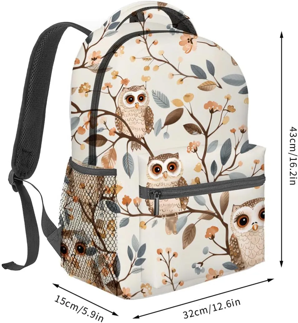 Cute Owl Backpack, Whimsical Woodland Bird Polyester Backpacks,Lightweight Double Shoulder Back Pack for Kids Teens,Floral Branch Bookbag,School Bag Gifts,Casual Travel Daypack Book Packs