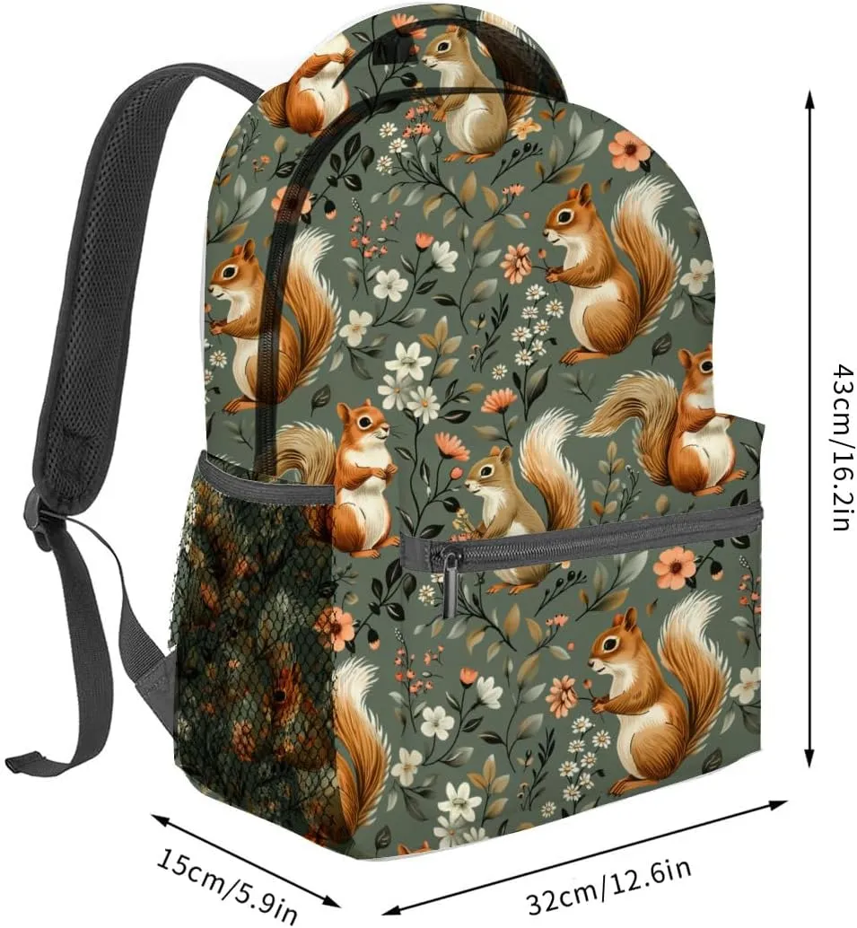 Cute Squirrel Backpack,Woodland Animal Polyester Backpacks,Lightweight Double Shoulder Back Pack for Kids Teens,Nature Floral Bookbag,School Bag Gifts,Casual Travel Daypack Book Packs