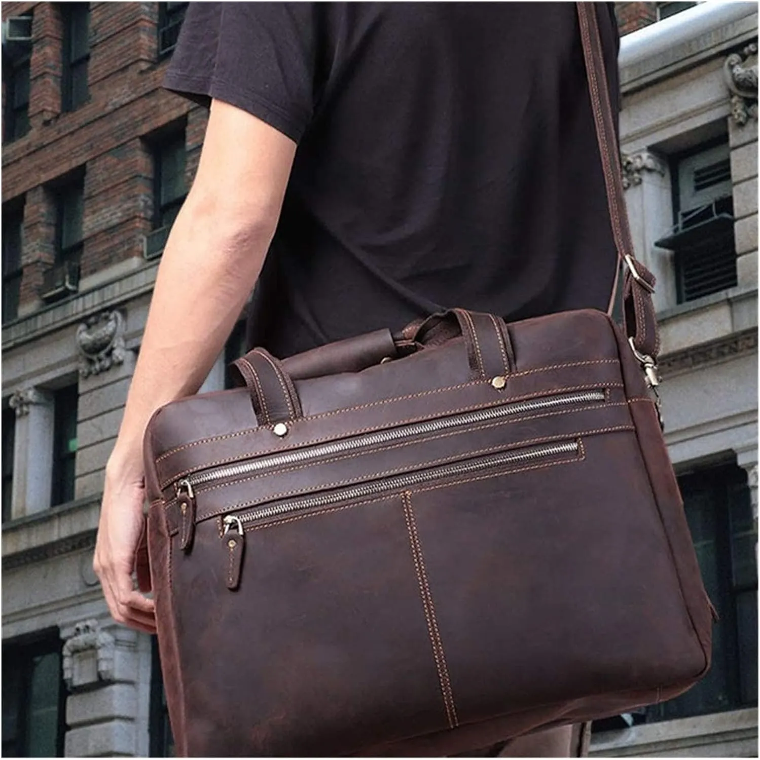 DHAEY Briefcases Vintage Messenger Handbag, Vintage Leather Briefcase 17" Laptop Tote Large Capacity Messenger Bag